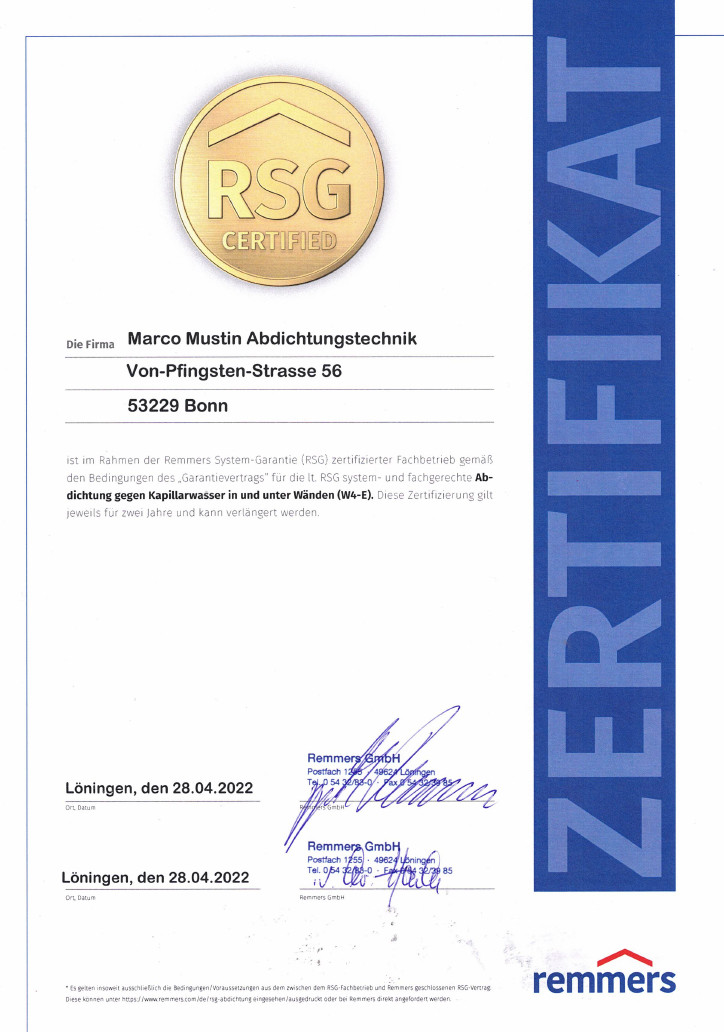 Wir sind ein im Rahmen der Remmers-System-Garantie (RSG) zertifizierter Fachbetrieb gemäß den Bedingungen des Garantievertrags für die laut RSG system- und fachgerechte Abdichtung gegen Kapillarwasser in und unter Wänden (W4-E)